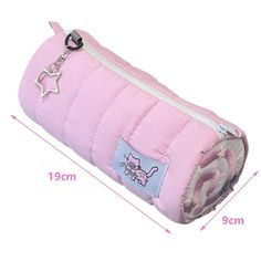 a pink pencil case with a cartoon cat on the front and stars on the back