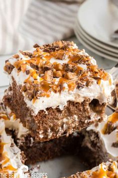 a piece of caramel poke cake on a plate