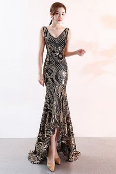 Modern Sleeveless V-Neck Mermaid Sequins Evening Dress Long YE0068 Gold-S Evening Dress Long, Mermaid Sequin, Sequin Evening Dresses, Cocktail Evening Dresses, Evening Cocktail, Crop Top Blouse, Cutout Dress, Evening Dresses Long, Cami Dress