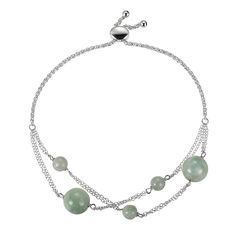 Jade of Yesteryear Sterling Silver Green Jade Adjustable Bracelet Pretty polished jade beads scattered throughout this multi-chain, adjustable bracelet, will bring a touch of sophisticated gemstone color to any outfit.       Approx. 9"L x 3/8"W     Stamped .925 sterling silver; rhodium plated     Adjustable slide clasp     Two strands of doubled oval-link chain with round, green jade bead accents accross top     Wheat chain completes bracelet   Stone Information       All sizes and weights appro Elegant Jade Beaded Bracelets With Polished Beads, Elegant Adjustable Jade Jewelry, Elegant Green Beaded Bracelets For Formal Occasions, Elegant Green Beaded Bracelets For Formal Events, Adjustable Jade Pearl Bracelet With Round Beads, Elegant Green Jade Bracelet, Elegant Green Jade Pearl Bracelet, Elegant Jade Bracelets With Polished Beads, Elegant Jade Bracelets For May Birthstone