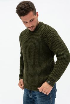 "Pure merino wool knitted mens sweater is inspired by classic Scandinavian style. Warm and comfortable woolen sweater delivers simplicity, style and ability to wear this sweater whenever you are spending time in nature or going to the theater, restaurant with your family or friends. Composition: 100% merino wool This year we are inviting customers to buy Christmas presents from small family businesses & stand together during this crazy time. Handmade Christmas presents will be especially war Merino Wool Crew Neck Polo Sweater For Winter, Classic Green Knitted Sweater, Classic Green Wool Sweater, Casual Knitted Merino Wool Polo Sweater, Olive Knit Long Sleeve Sweater, Classic Merino Wool Chunky Knit Sweater, Green Merino Wool Knit Sweater, Olive Crew Neck Sweater For Fall, Handmade Pullover