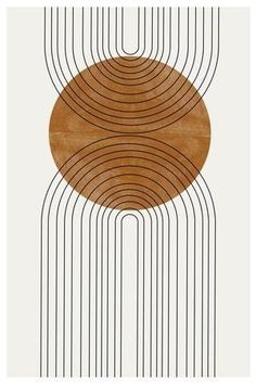 an abstract art print with lines and circles on the bottom, in brown and white