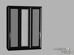 a black and white photo of a double doored cabinet with shutters on the doors