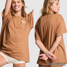 Victoria’s Secret Pink Campus Cotton Tee Casual Brown Tops For Loungewear, Brown Oversized Short Sleeve Tops, Pink Campus, Orange Tees, Sequin Shirt, Yellow Shirts, Scoop Neck Tee, Pink Tee, Womens Tie