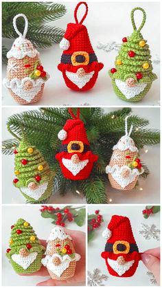 crocheted christmas ornaments with santa claus and other decorations hanging from the top, below them