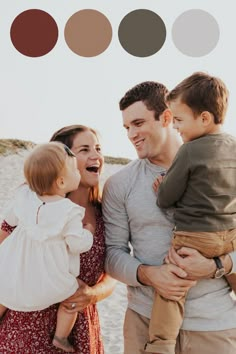 a family laughing together on the beach with color swatches in the background to match their colors