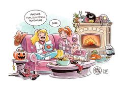 two women sitting on a couch in front of a fire place with halloween decorations around them