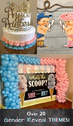 a collage of photos with balloons and decorations for a gender reveal themes party in pink, blue and white