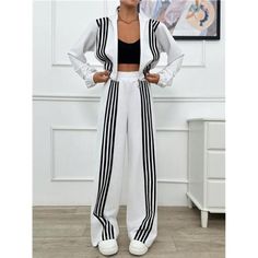 -Item Id 42449775 -Details: Split, Zipper, Side Stripe -Neckline: Hooded -Sleeve Type: Regular Sleeve -Style: Casual -Color: White -Pattern Type: Colorblock, Striped -Outerwear Length: Regular -Pants Length: Long -Outerwear Sleeve Length: Long Sleeve -Outerwear & Pants Material: Fabric -Top Type: Jackets -Outerwear & Pants Composition: 70% Cotton, 25% Viscose, 5% Elastane -Bottom Type: Pants -Pants Body: Unlined -Temperature: Spring/Fall (18-25/63-77) -Fit Type: Regular Fit -Fabric: Non-Stretch Long Outerwear, Minimalist Top, Boutique Pants, Long Sleeve Outerwear, Pants Casual, Classy Chic, Pants Length, Side Stripe, Chic Boutique