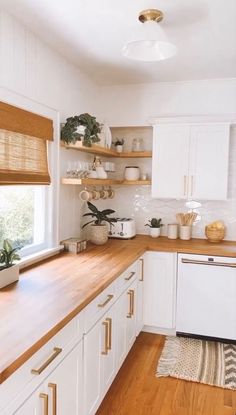 a kitchen with white cabinets and wooden counter tops, along with shelves filled with plants