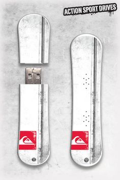 a white and red surfboard shaped usb sticker with the words action sport drives on it