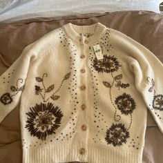 Anthropologie Vintage Sweater Nwt. Cream With Embellishment And Hand Stitching. Size M. A Generous M. Could Fit A L As Well. Beautiful. In Perfect Condition. Cream Sweater Vintage, Long Open Sweater, Bow Sweater, Wool Poncho, Colored Cardigans, Cropped Cardigan Sweater, Open Cardigan Sweater, Off Shoulder Sweater, Boatneck Sweater