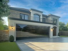 an image of a large house that is in the middle of a driveway with lights on