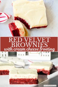 red velvet brownies with cream cheese frosting are on a plate and one is cut in half