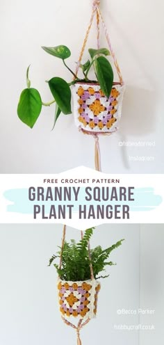 Crochet Granny Square Plant Hanger Plant Hanger Diy Crochet, Crochet Granny Square Basket Pattern Free, Free Plant Hanger Crochet Pattern, Macrame Plant Hanger Decor Ideas, Plant Hanger Pattern, Crochet For Plants, Crochet House Decoration, Crochet Granny Square Plant Hanger, Free Crochet Plant Hanger Patterns