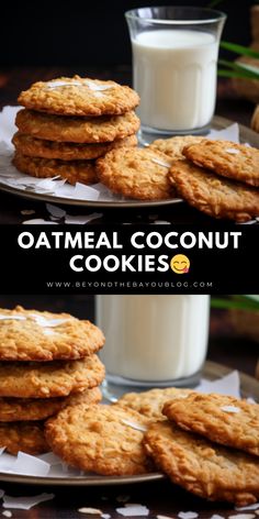 oatmeal coconut cookies are stacked on a plate with a glass of milk