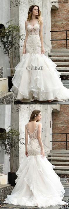 the back and side views of a wedding dress