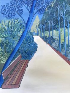 a painting of a park bench in the middle of a path with trees on both sides