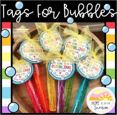 some colorful pens with tags for bubbles on them