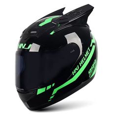 the helmet is black and green with white lettering on it's side, as well as an arrow