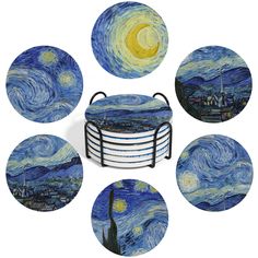 six coasters with the starry night painting on them