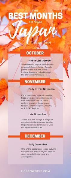 an orange and white flyer for the best months in japan event with autumn leaves on it