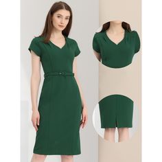 a woman is wearing a green dress with short sleeves and a belted waistline