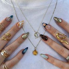 Gem Tone Nails, Nail Design Ideas 2024, Pisces Beauty, Gelx Inspo Nails, Eclectic Nails, Western Fall Nails, Pisces Nails, Nails And Rings, Nails Rings