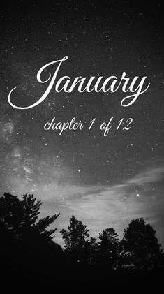 the words january are written in white on a black background with trees and stars above it