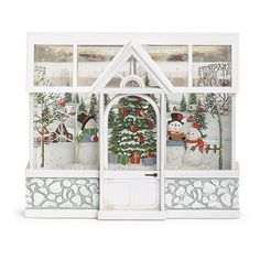 a white christmas display case with snowmen and trees in the front, on a white background