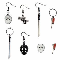 Unleash your inner horror enthusiast with this six-pack of Friday the 13th-themed earring sets. Celebrate the chilling legacy of the franchise with these stylishly macabre accessories designed with horror film aficionados in mind. Each set is a distinct testament to the chilling world of Friday the 13th, featuring various designs, including the legendary hockey mask, menacing machetes, sinister butcher knives, and more – all symbols associated with the series' unforgettable character, Jason Voor Butcher Knives, Iconic Symbols, Hockey Mask, Earring Sets, Horror Film, Six Pack, Friday The 13th, Stud Set, Party City