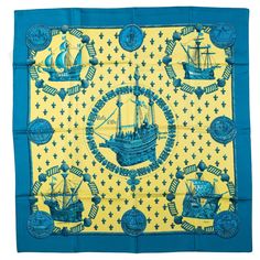 Hermès 100% silk twill Nefs d'Or scarf designed by collectible artist Ledoux. Vibrant blue and yellow colorways. Hand-rolled edges. Does not include box. Decorating With Blue And White Porcelain, Silk Jewelry, Yellow Jewelry, Elephant Logo, Hermes Scarf, Scarf Design, Blue Jewelry, Blue Decor, Silk Twill