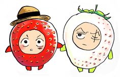 two cartoon characters one with an egg and the other as strawberrys, both wearing straw hats