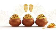 three pots filled with gold coins next to a flower