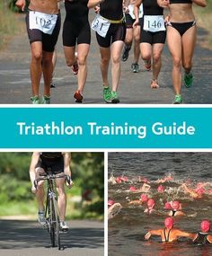 the triathlon training guide is shown with pictures of swimmers and bicyclists