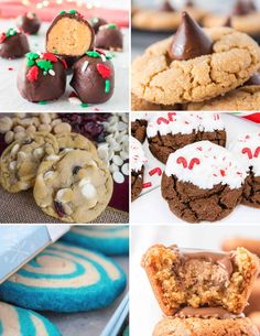 there are many different cookies and desserts on the table in this photo collage