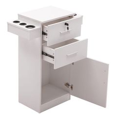 a white cabinet with two drawers and one door open