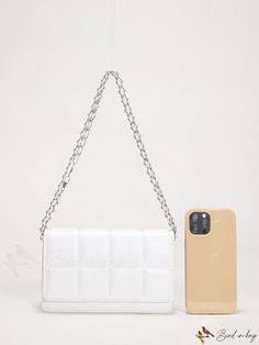 BirdinBag - Compact Textured Chain Flap Square Bag Chain Pattern, White Details, Square Bag, Bag Straps, Pu Leather, Color White, Square, Chain, Leather