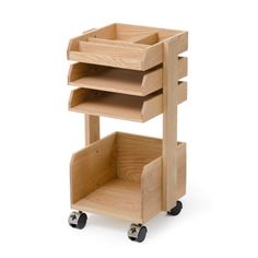 three tiered wooden cart with wheels on the bottom and one shelf in the middle