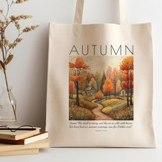 "Embrace the cozy vibes of fall with this beautiful tote bag. This literature-inspired canvas library tote is a must-have for book lovers and reading teachers. Featuring a charming autumn landscape and a literature quote, it's perfect for carrying your favorite reads or groceries. Get ready for a literary autumn adventure! 🍂 ♥ See more from our Fall Collection https://etsy.me/3r6H892  ♥ See more from Tote Bags here https://etsy.me/3lj676q ♥ Visit our Store Front https://etsy.me/3hytNvI  WHAT YO Brown Canvas Bag For Fall, Large Capacity Canvas Bag For Fall Travel, Brown Cotton Bags For Fall, Fall Canvas Tote Bag For Daily Use, Everyday Fall Canvas Tote Bag, Fall Everyday Canvas Tote Bag, Everyday Fall Tote Canvas Bag, Fall Travel Cotton Bag, Fall Cotton Travel Bag