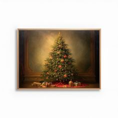 a painting of a christmas tree with presents under it