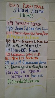 a sign on the wall that says boys basketball and student section themes in different colors