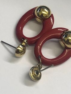 Vintage Retro 1980s Gold tone high end statement power dress red drops enamel pair stud earrings pierced Cherry Drop Earrings, Power Dress, Fan Earrings, Retro Vintage Style, Dangly Earrings, Dress Red, Modern Jewelry, Vintage Gold, Ear Piercings