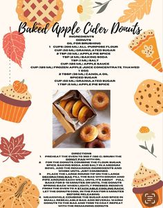 the recipe for baked apple cider donuts is shown in an autumn themed frame