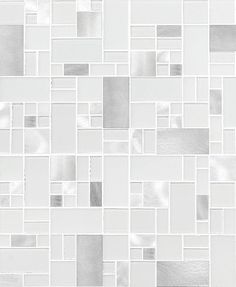 a white and silver tile wallpaper with square tiles on the bottom, in shades of gray