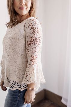 Elevate your wardrobe this spring with our crochet lace flare sleeve top! The delicate crochet detailing and scalloped edges add a touch of beauty to any outfit. Complete your look with this charming addition that is sure to impress. Fit: Relaxed Fit - True to size 3/4 Sleeve Round neck Scalloped edge Crochet floral print Color: Beige Fabric: 100% Cotton Brand: Adora Have questions or need help deciding on fit? Want styling advice? Message us on our FB page here! We'd love to help you!