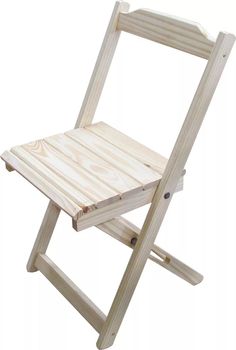 a wooden folding chair sitting up against a white background