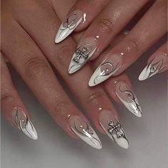 Rebellious Rose Makeup | 24pc Nail Set | Color: Silver/White | Size: Os Silver Nail, Y2k Nails, Dots Nails, Nail Swag, Silver Nails, Prom Nails, Nail Polishes, Chrome Nails, Nail Accessories