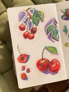 an open notebook with drawings of cherries and leaves on the pages, sitting on a chair