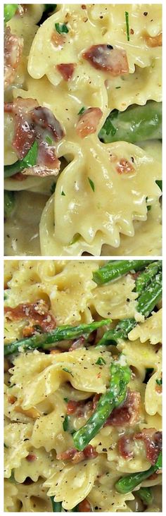 two pictures of pasta with asparagus and bacon